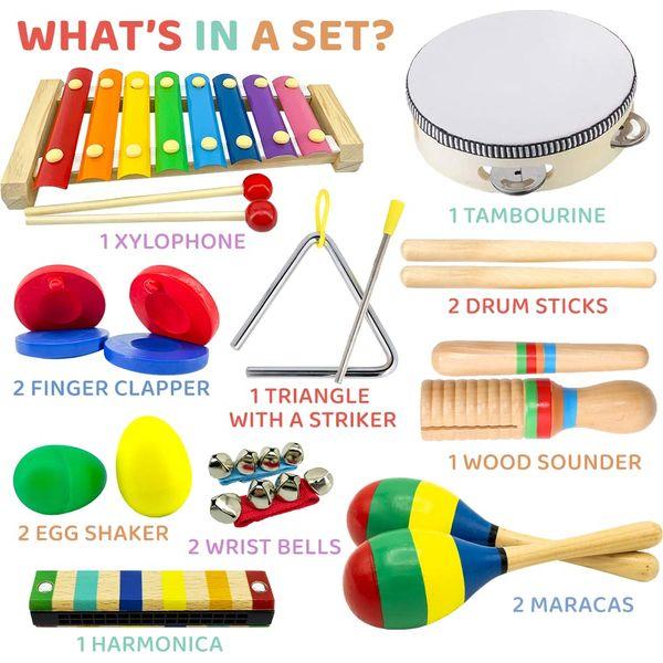 STOIE'S 19 pcs Kids Musical Instruments for 3 year olds Xylophone for Kids Baby Tambourine Musical Toy Instruments Wooden Toddler Music Instrument Drum Set 4