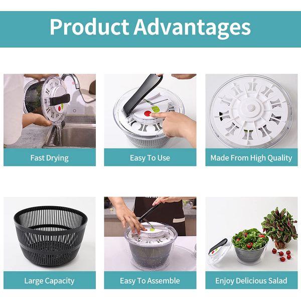 RTMAXCO Salad Spinner, 5L Large Manual Lettuce Spinner & Fruits Vegetable Washer Dryer with Secure Lid Lock & Rotary Handle, Tastier Salads, Food Prep Locking Dry Off & Drain Lettuce Quick Spine 3