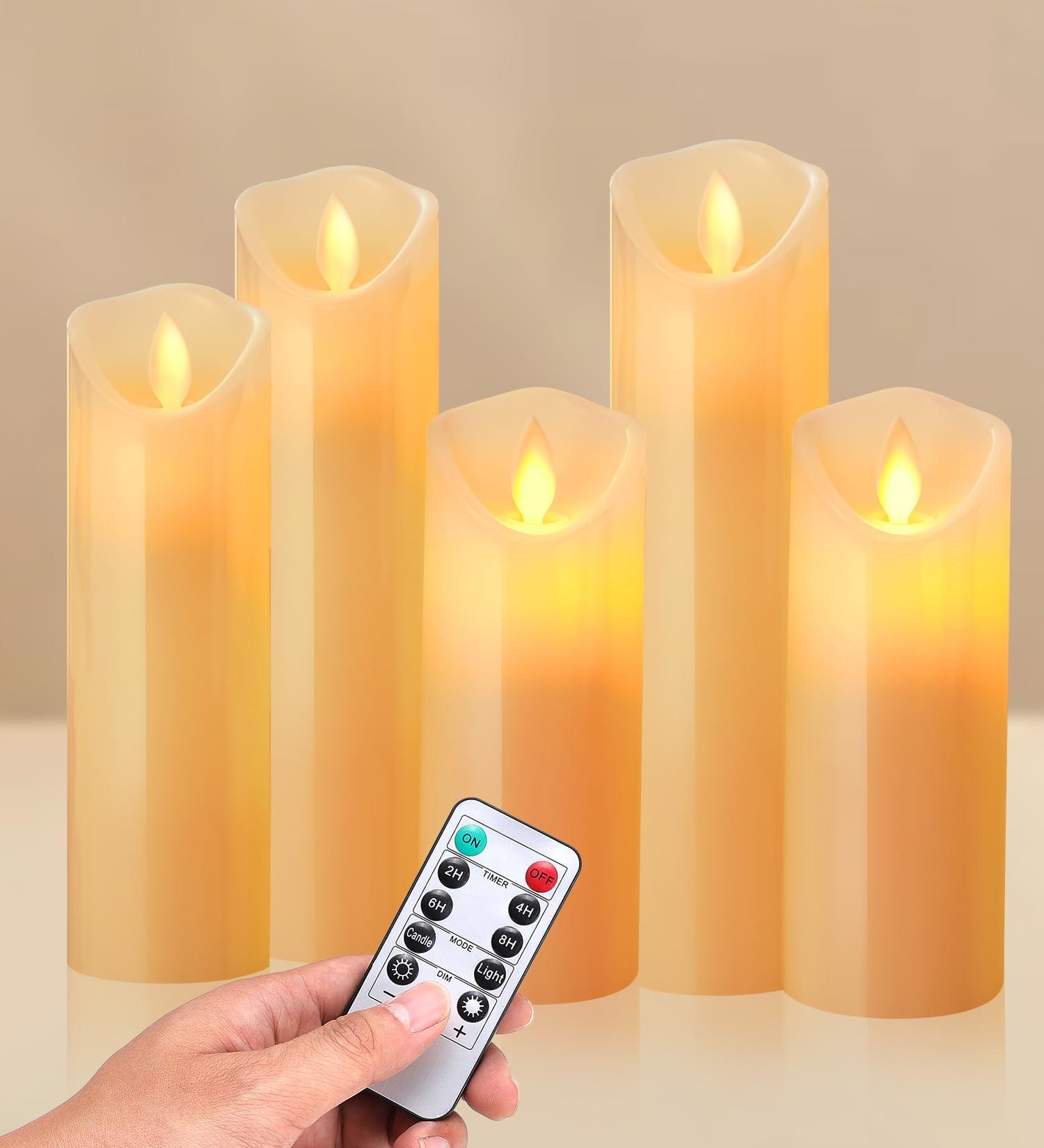 XEMQENER LED Candles, 5PCS Ivory Flameless Candles with Real Wax Candle Pillars, Battery Candles Flickering with Remote Timer Dimmer, Realistic Dancing Flame Fake Candles for Wedding Festival Decor