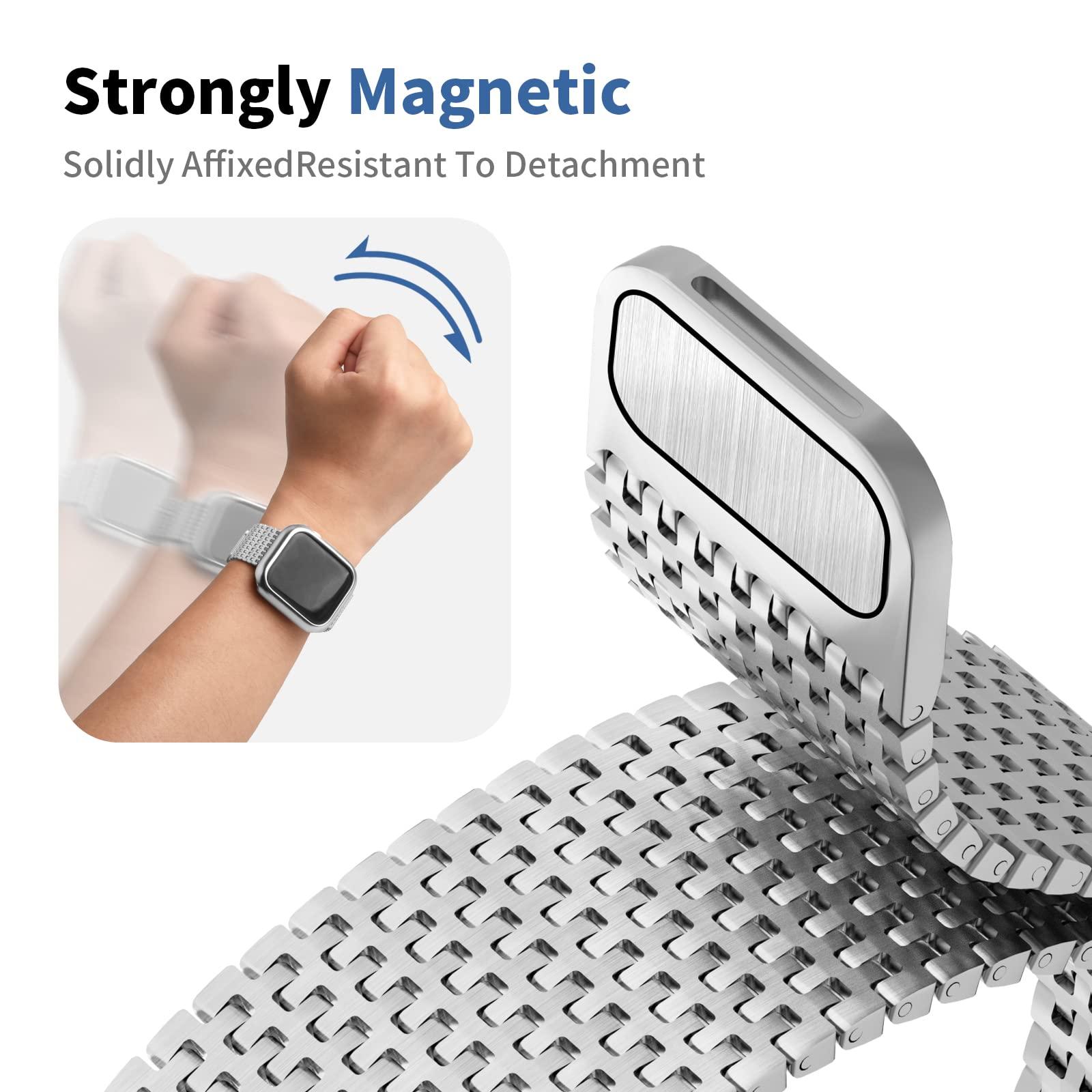 Wristitani Compatible with Apple Watch Bands 42mm 44mm 45mm, Stainless Steel Strap for iWatch Series 9/8/7/6/SE/5/4/3/2/1, Metal Watch Bracelet with Magnetic Clasp for Men Women, Silver 1