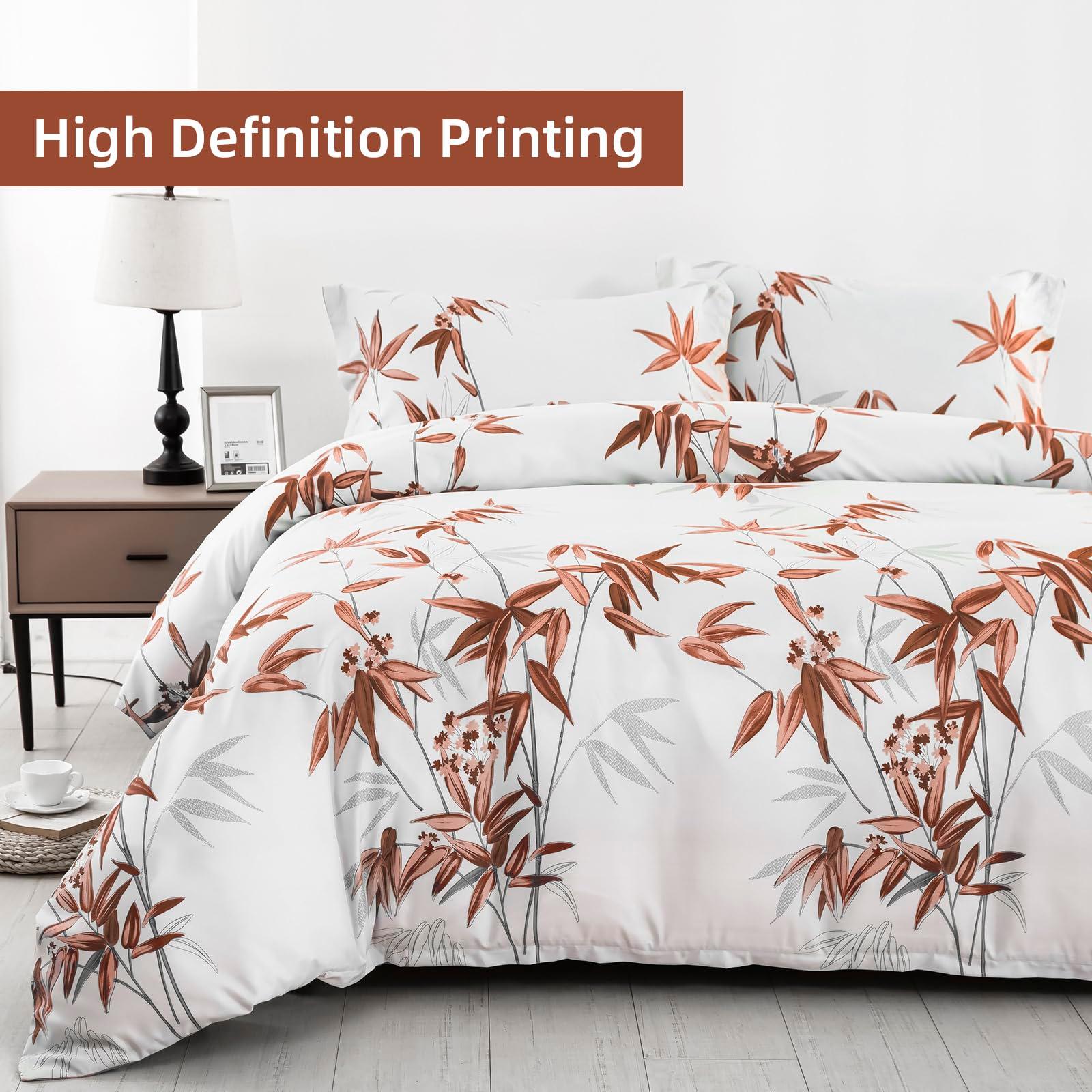 Djoymock Plants Duvet Cover Set King Size, 3 Pcs Brown Bamboo Leaves Bedding Set For Teens Adult Microfiber Reversible Soft Comforter Cover Set(1 Duvet Cover 220x230cm, 2 Pillowcases 50x75cm) 3