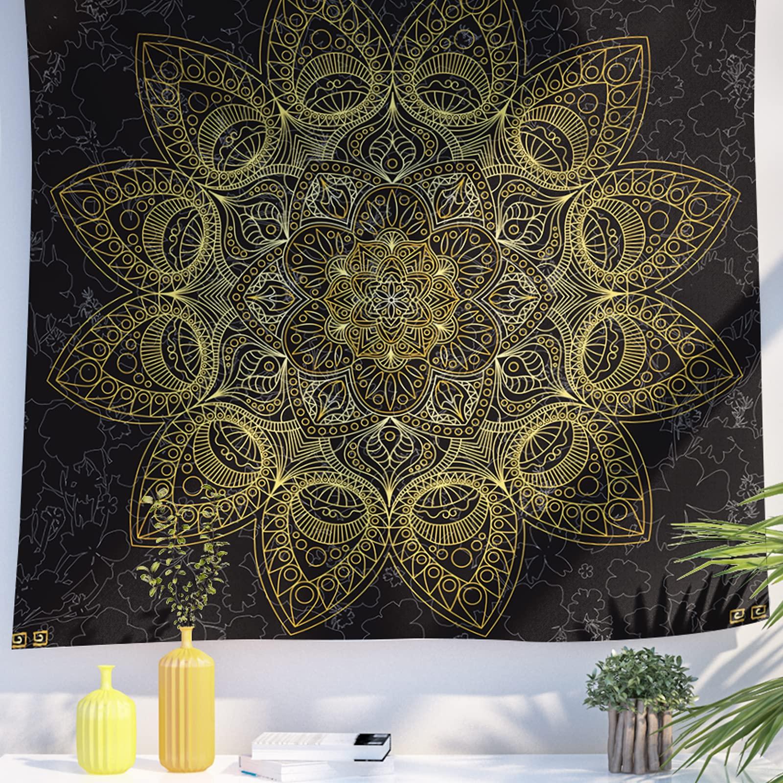 Berkin Arts Decor Tapestry for Wall Hanging Premium Polyester Fabric Backdrop Temporary Art Giant Lotus Mandala Ornate Galactic Gold Mandala Art 51.2 x 59.1 Inch 5