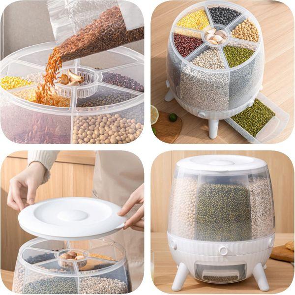 MYOYAY 10L Rotating Grain Dispenser,6in1 Grain Dispenser Container Rotating,10kg/22lb Large Capacity 6-Grid Rotating Rice Storage Box,Food Dispenser With Measure Cup For Grain Storage Container 3
