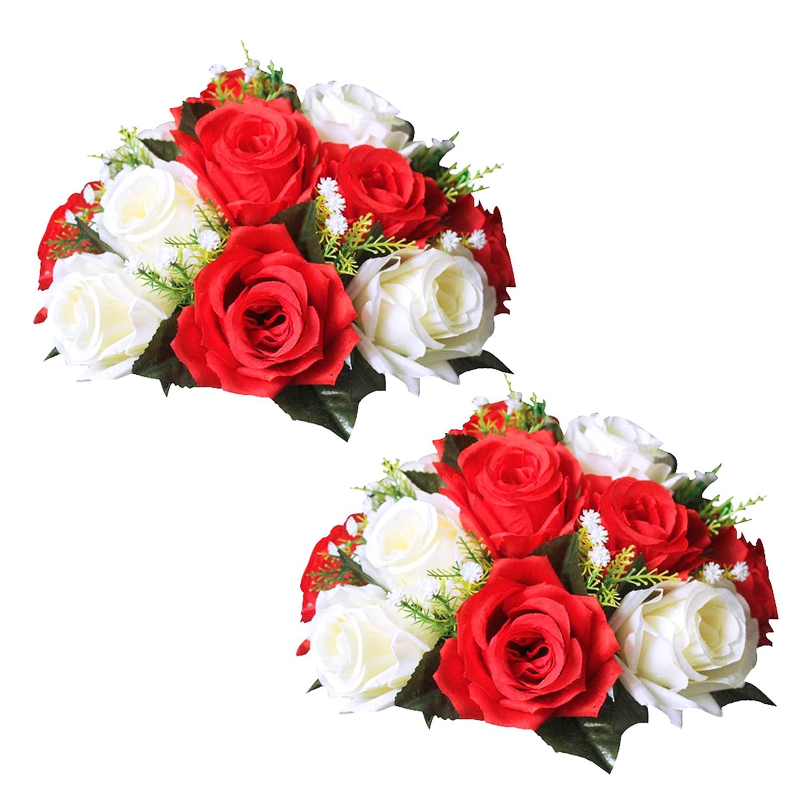 BLOSMON Flower Balls Wedding Rose Centerpieces 10 Pcs Fake Flowers with Base Red & White Kissing Balls Decor Artificial Roses Floral Arrangements Flower Bouquet for Home Party Table DIY Decorations 0