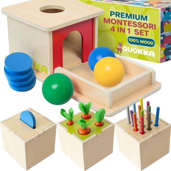 Quokka Montessori Toys For 1 2 Year Old Boy & Girls - 4 SET Wooden Baby Toy 6-12 Months Object Permanence | Coin Box | Carrot Harvest | Color Matching Sticks | Shape Sorter | Ball Drop Learning