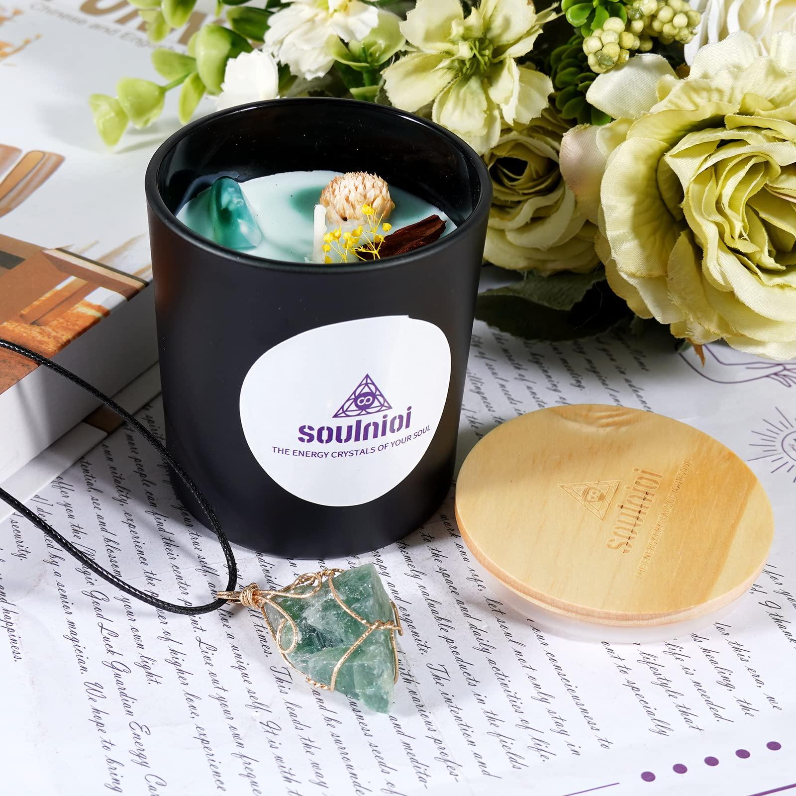 Soulnioi Scented Candle Set Black Cup Soy Wax Aromatherapy Candle with Crystal and Dry Flower Freesia Fragrance and Fluorite Crystal Pendant Necklace of Stress Realxtion for Wedding Birthday Gift 1