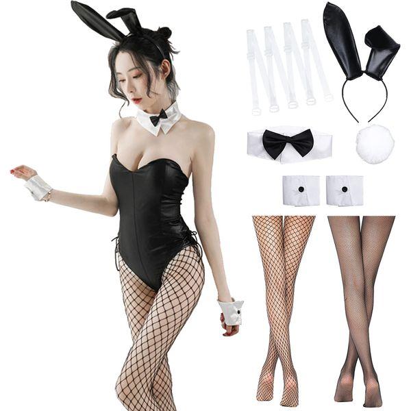 Alaiyaky Bunny Girl Senpai Cosplay Set, 12Pcs Bunny Costume Adult Sexy Bunny Bodysuit with Bunny Ears and Fishnet Socks, Bunny Maid Outfit for Halloween Christmas Masquerade (Pink, L)