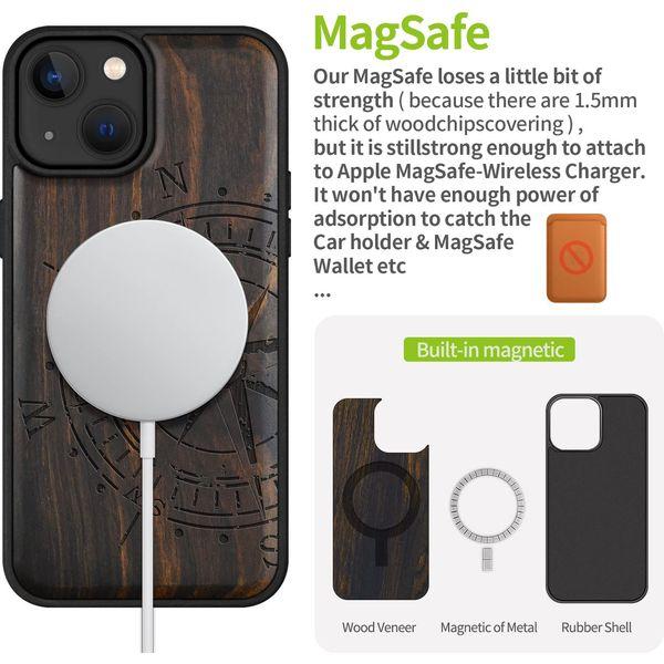 Carveit Magnetic Wood Case for iPhone 14 Case [Hard Real Wood & Soft TPU] Shockproof Hybrid Protective Cover Unique & Classy Wooden Case Compatible with MagSafe (Vintage Compass-Blackwood) 4