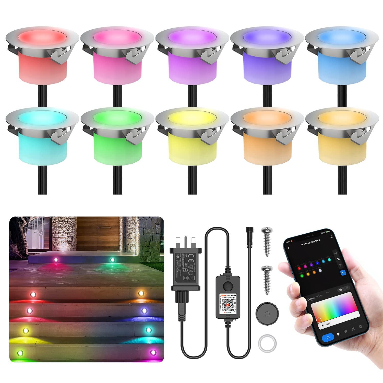 10-Pack RGBP WiFi Led Decking Lights,Ø30MM + WiFi Voice Control with Tuya APP,DIY Color Settings,IP67waterproof,12V Dreamcolor Chasing Decking Lights Work with Alexa and Google Assistant