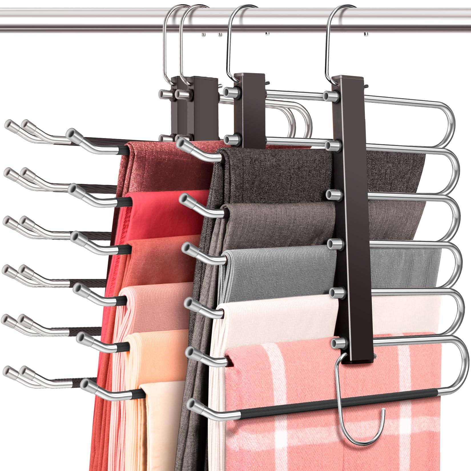 4 Pack Space Saving Trouser hangers, ZriEy Coat Hangers - Upgrade Non-Slip Free-Installation Trouser Hanger Rack Hangers Multiple Layers Closet Organizer and Storage for Trousers, Slacks, Scarf, Tie