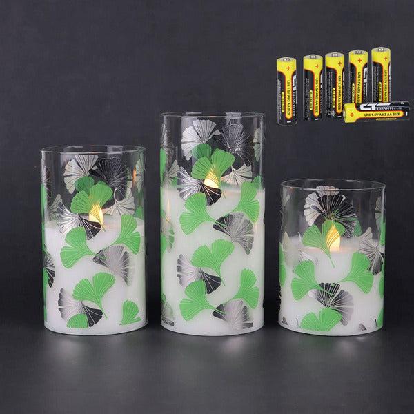Ginkgo Leaves Pattern Glass Battery Operated LED Candles with Timer, Flameless Candles for Spring & Summer Home Decor, Batteries Included - Set of 3