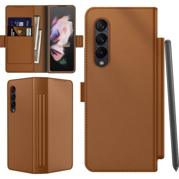 Vizvera for Samsung Galaxy Z Fold 3 Case with S Pen Holder, Three-in-one Magnetic Flip Split All-inclusive Leather With Wallet Card Slot Protective Cover for Galaxy Z Fold 3(Brown)