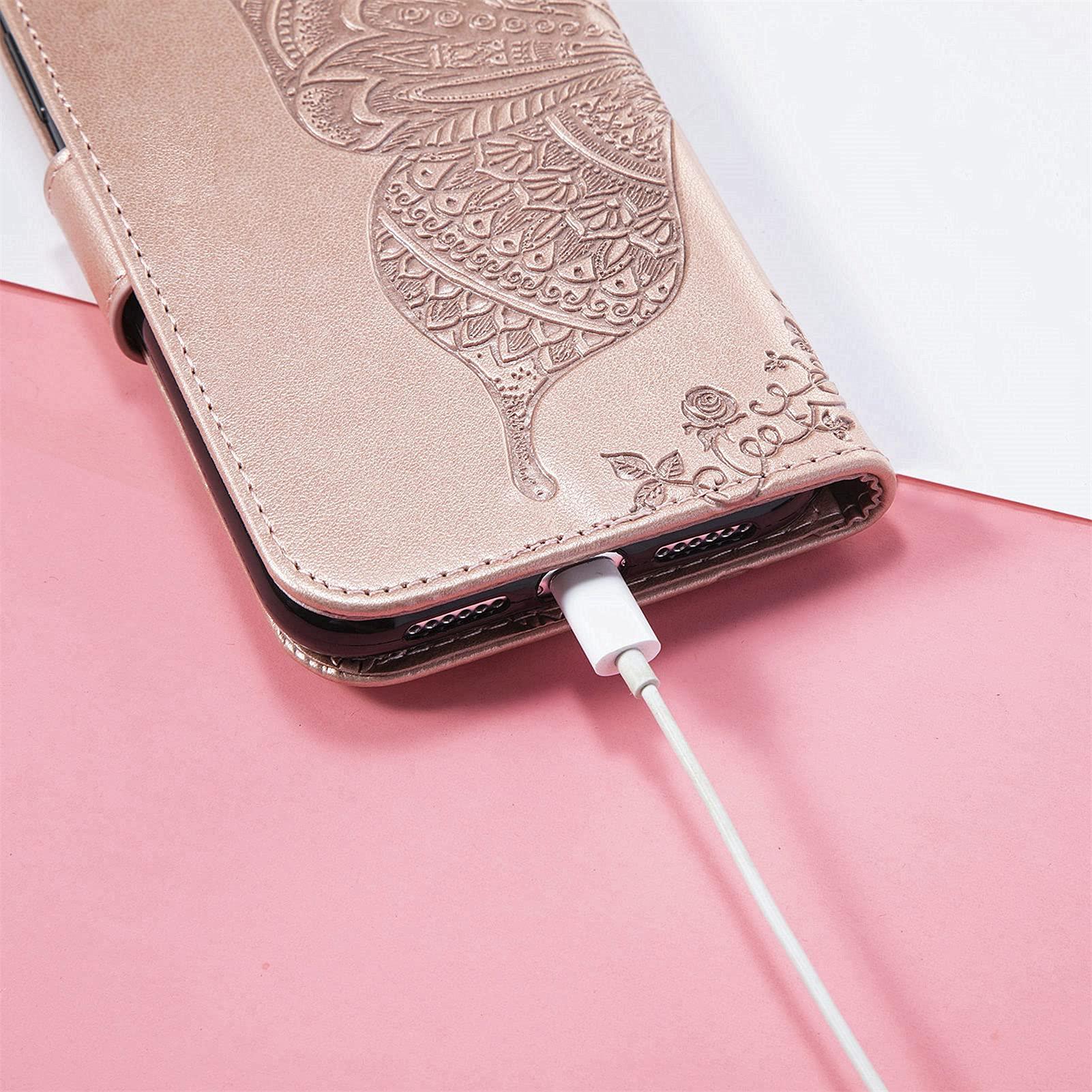 Bizzib for iPhone 13 5G Case Magnetic Closure Wallet,Embossed Floral Butterfly Leather Folio Flip Case with Wristlet and Card Slot Shockproof Protective Cover for Women Girls-Rose Gold 4