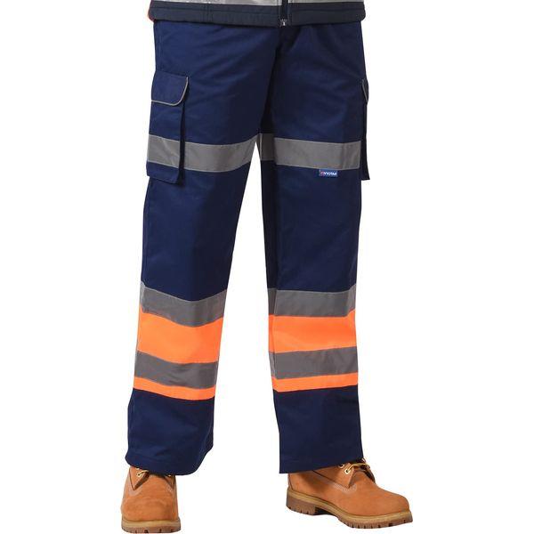 AYKRM Hi Vis Trousers high Visibility Cargo Workwear Pants Reflective Tape Work Trousers (Orange&Navy, 32W/30L)