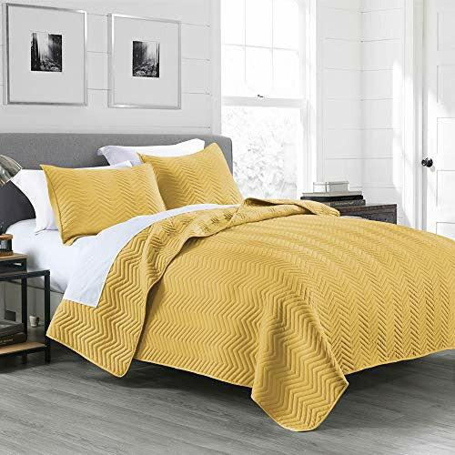 Bedspread Single Size Yellow, Classic Geometric Chevron Stitched Pattern, Pre-Washed Microfiber Ultra Soft Lightweight Bedspread Coverlet for All Season, 2 Piece Includes 1 Beadspread and 1 sham 1