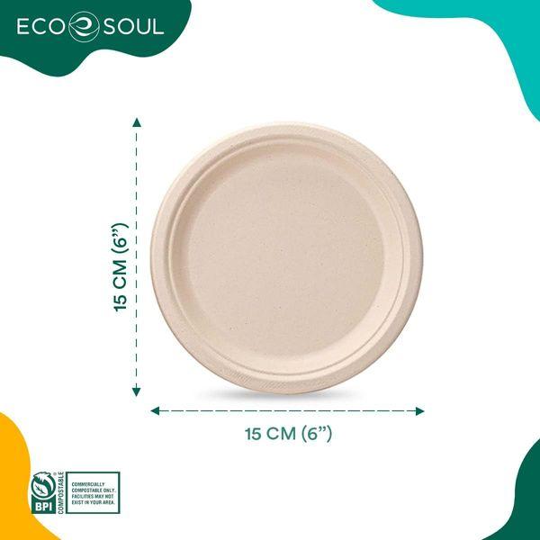 ECO SOUL 100% Compostable 15cm (6") Inch Paper Plates [200-Pack] Disposable Bulk Party Plates I Heavy Duty Eco-Friendly Sturdy Dinner, Wedding, Event Plates I Unbleached Sugarcane Eco Plates 1