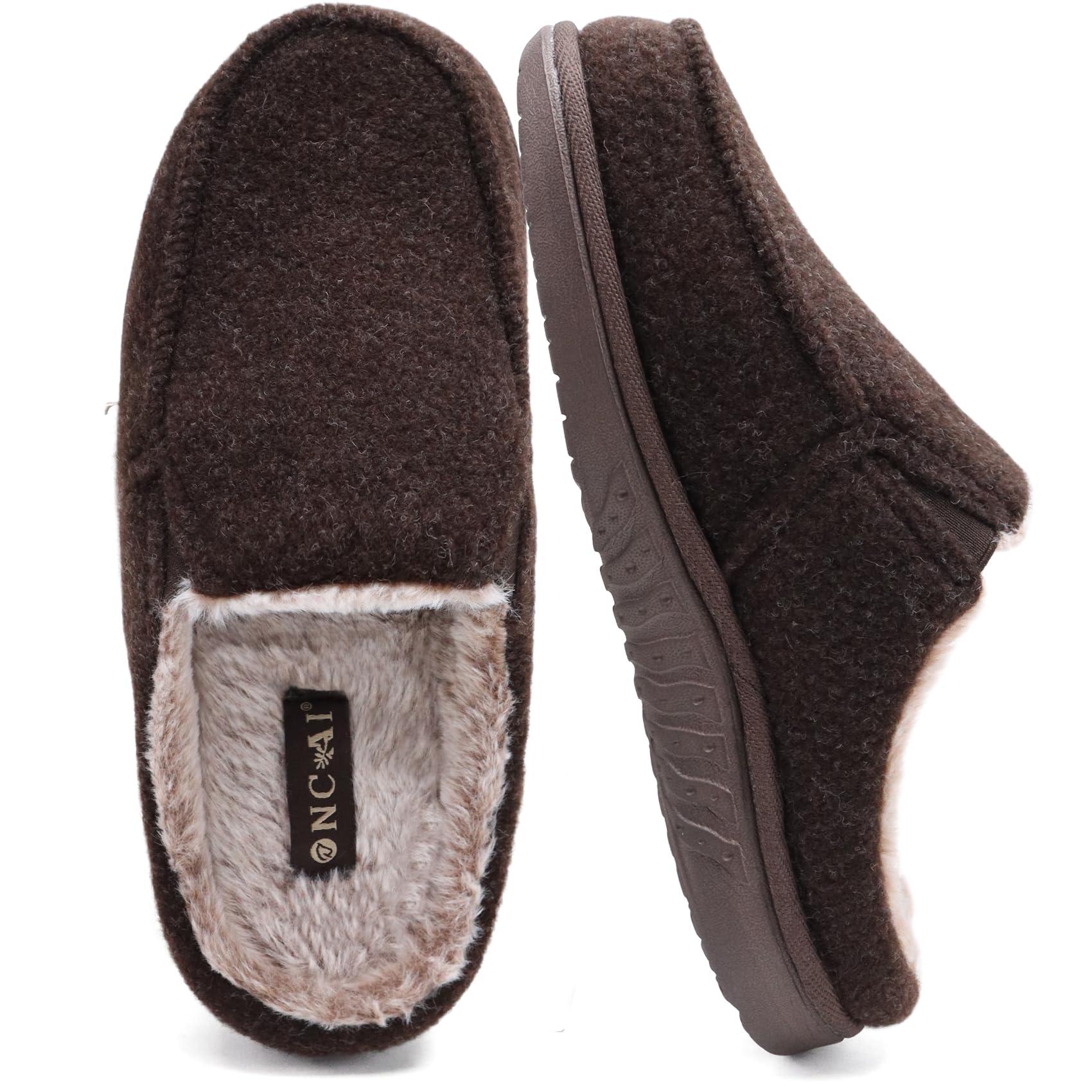 ONCAI Mens Slippers with Arch Support,Felt and Wool High-Density Memory Foam Clogs Cotton-Blend House Slippers with Orthotic Plantar Fasciitis Indoor Outdoor Rubber Soles Brown Size 12 0