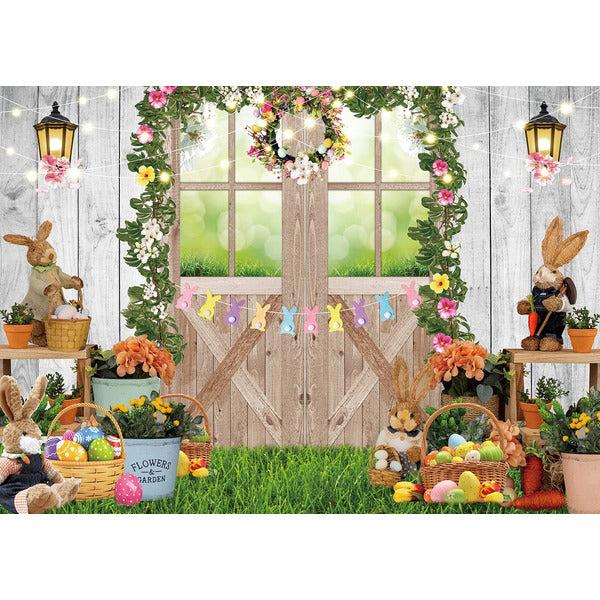 Spring Easter Barn Backdrop 8x6FT Garden Floral Rabbit Eggs Green Grass Rustic Wooden Photography Background Easter Party Decoration for Baby Shower Baby Portrait Photo Booth Props 4