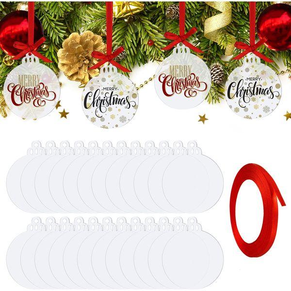 25 Pieces 3 Inch Clear Round Acrylic Ornaments Clear Acrylic Christmas Ornaments with Red Ribbon DIY Blank Round Acrylic Ornament for Christmas Tree Party Hanging Decoration Supplies 0
