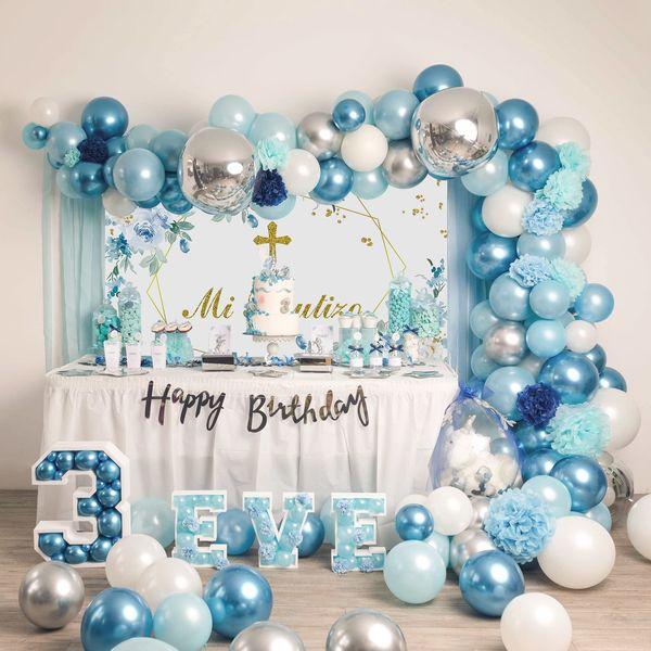 Mi Bautizo Backdrop Mexican Baptism Party Photo Background God Bless Boy First Holy Communion Blue Flower Decorate Banner Newborn Baby Shower Supplies (Blue, 8x6FT) 2