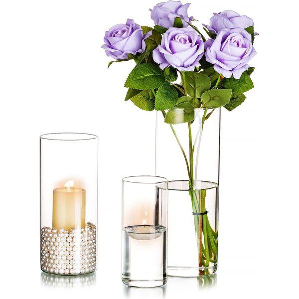 Romadedi Glass Hurricane Candle Holder - 3Pcs Pillar Candle Holder Flower Vase for Pillar Floating Tea Light Candles for Christmas Table Centerpiece Decorations Dining Living Room Home Decor