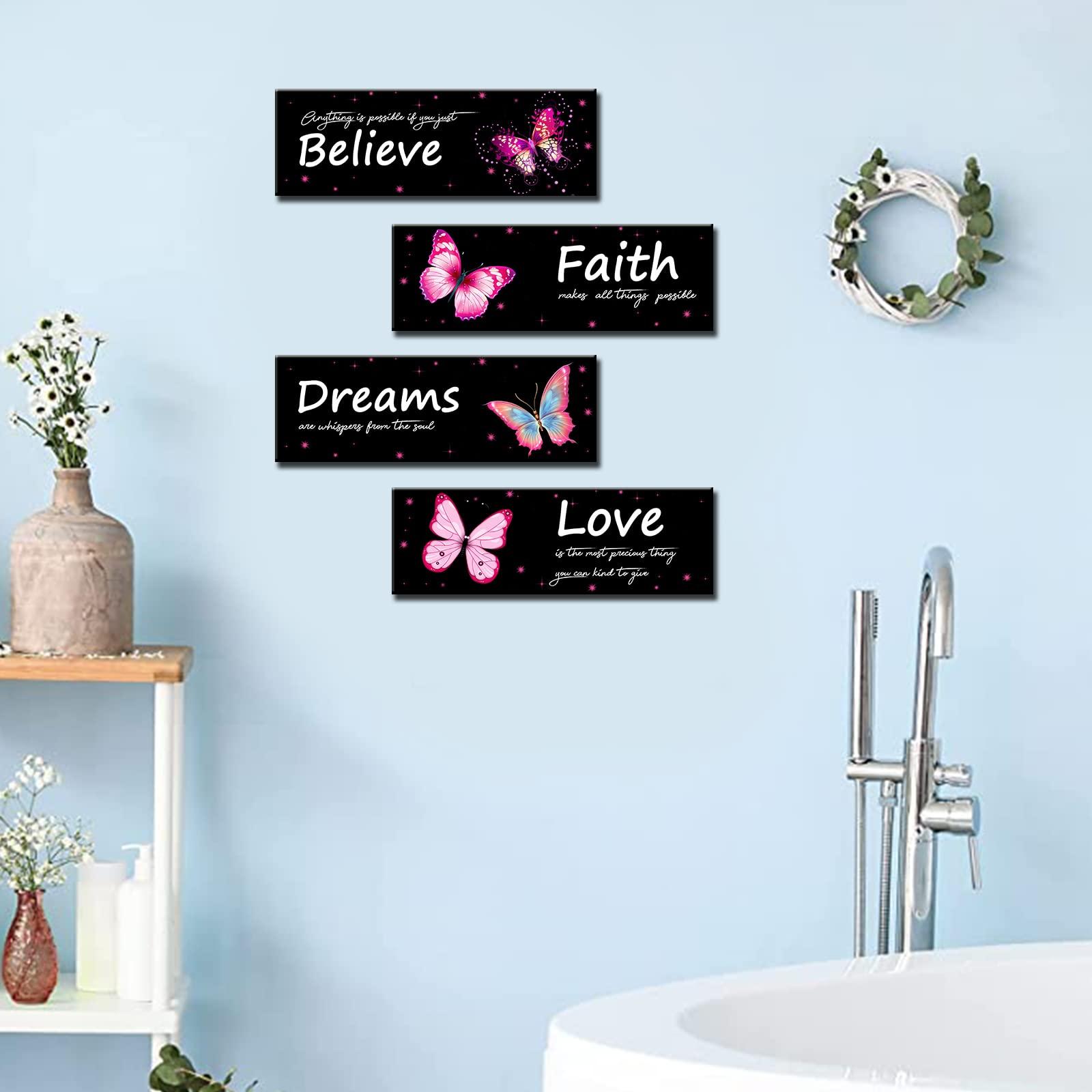 4 Pieces Butterfly Wall Decor Love Faith Believe Dreams Wall Art Wooden Inspirational Quote Hanging Signs Rustic Pink Stars Wall Plaque for Home Bathroom Living Room Decorations 12x4 inches 4