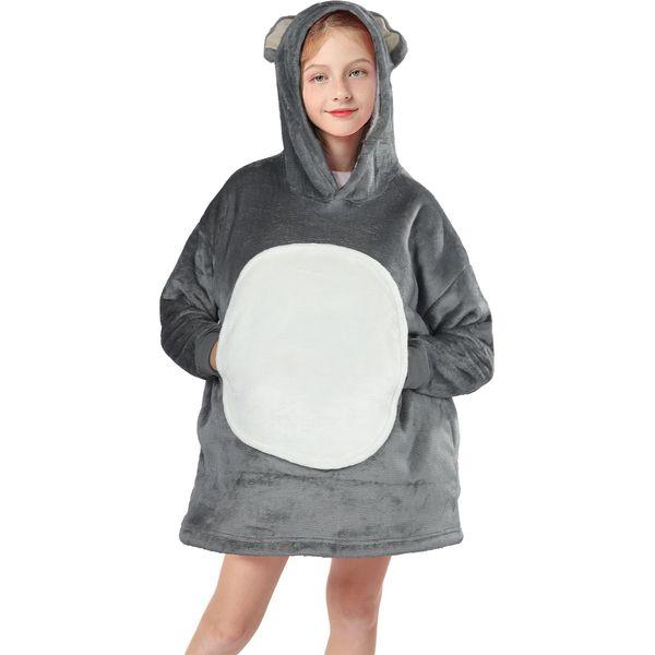 Queenshin Elephant Wearable Blanket Hoodie,Oversized Sherpa Comfy Sweatshirt for Kids Girls Boys 7-16 Years,Warm Cozy Animal Hooded Body Blanket Grey 2