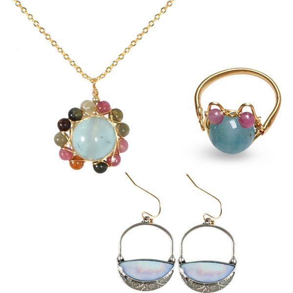 Soulnioi Aquamarine Tourmaline Pendant Bracelet Necklace, Gold Wire Handmade Aquamarine Ring and Purple Onyx Half Circle Earrings, Jewelry Gift for Women, Girls