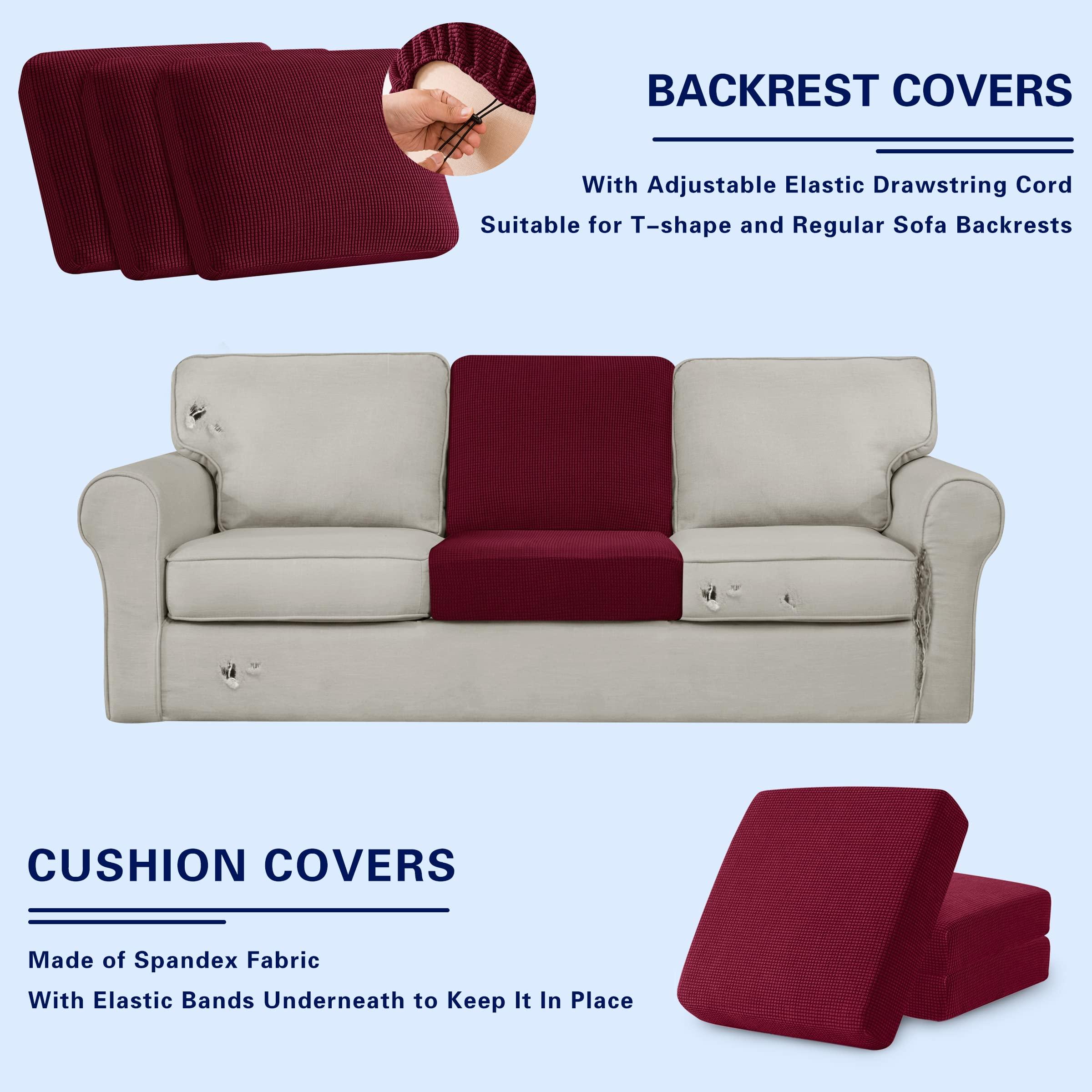 subrtex 3-Seater Sofa Cover with 3 Separate Cushions and 3 Backrests Covers, 7 Pieces Stretch Sofa Slipcover Replacement Furniture Protector (Sofa, Wine) 3