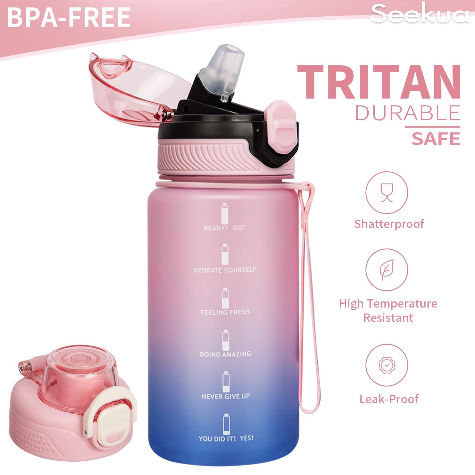 Seekua Sports Tritan Water Bottle 1l with Straw & Time Markings, Big Motivational Daily Drinking Bottle with Strap for Bike, Running, 2 Lids, 1 Litre 1