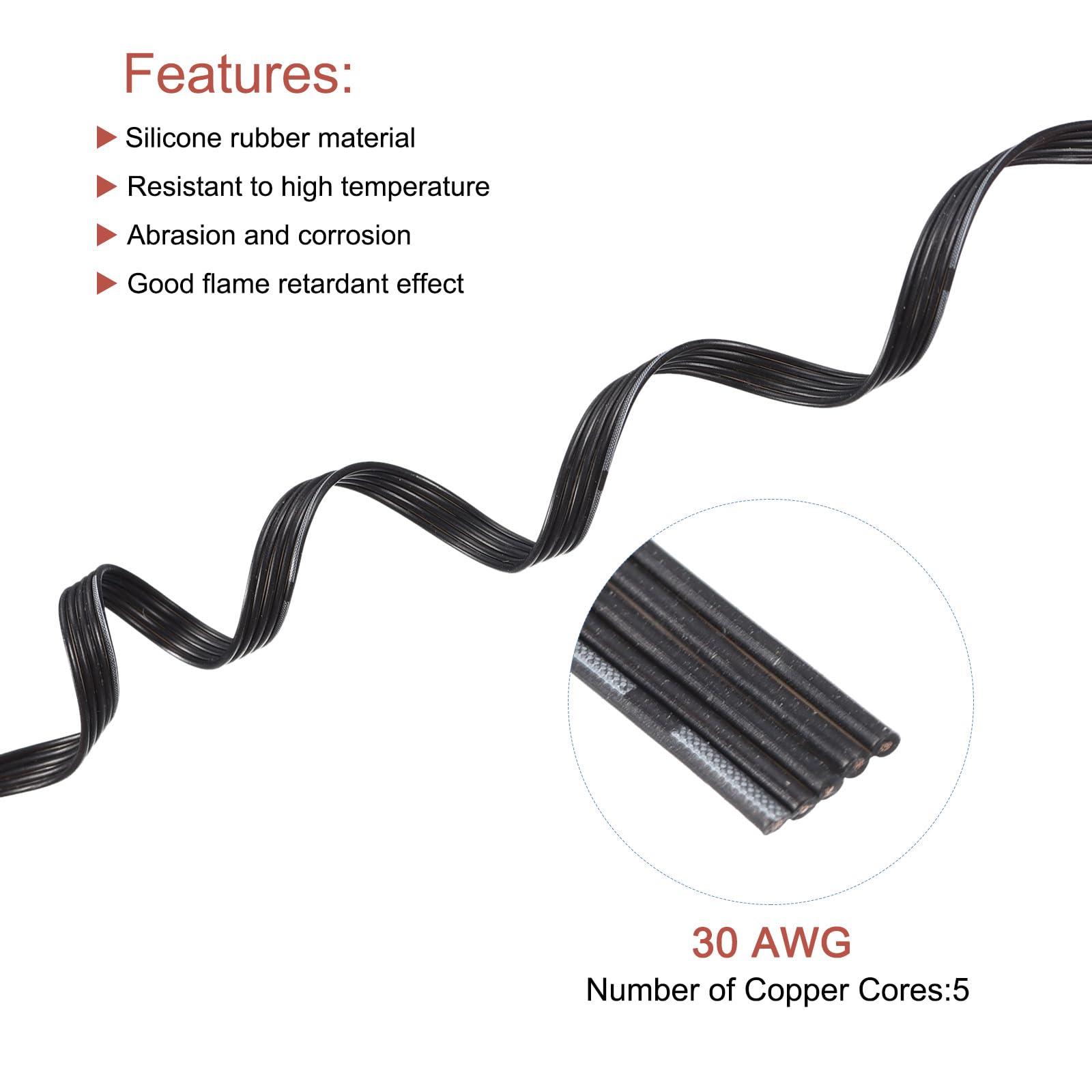 sourcing map 30AWG Ribbon Cable Silicone Wire 5Pin 30 Gauge Ribbon Wire Flat Silicone Cable 30m/100ft Black Stranded Tinned Copper Wire 7