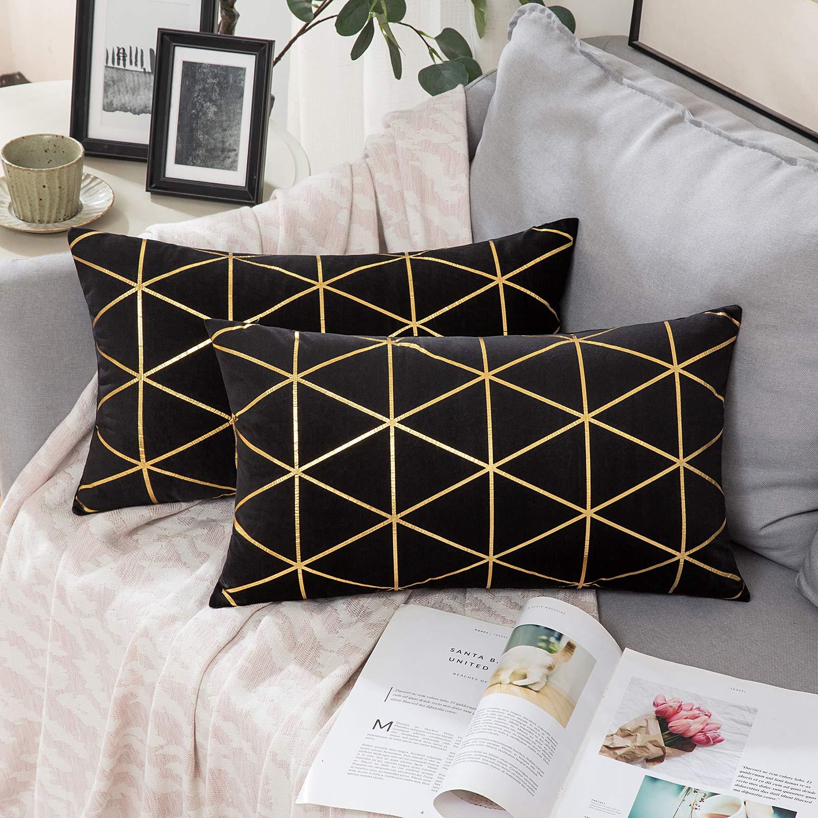 MIULEE Velvet Cushion Covers Gilded Modern Throw Pillow Cover Square Decorative Black and Gold Pillows with Gold Lines Soft Home for Sofa Living Room Bedroom 12 x 20 Inch 30 x 50 cm Pack of 2 0