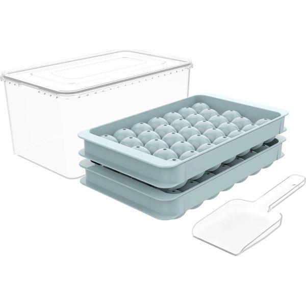 Round Ice Cube Tray with Lid & Bin Ice Ball Maker Mold for Freezer with Container Mini Circle Ice Cube Tray Making 66PCS Sphere Ice Chilling Cocktail Whiskey Tea Coffee 2 Trays 1 ice Bucket & Scoop
