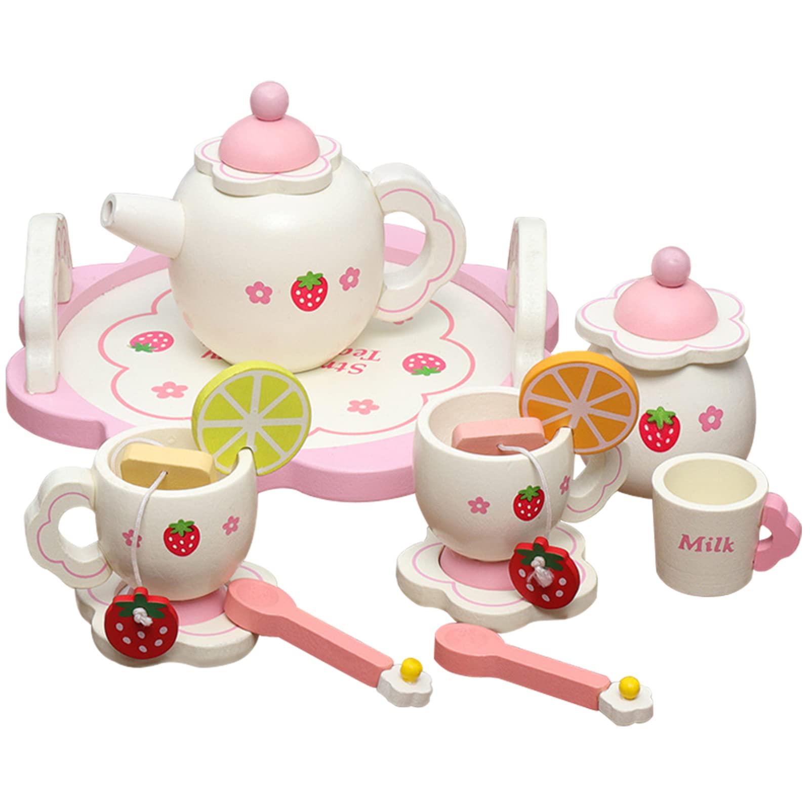 NAVK Wooden Tea Set Toys, Pretend Play Game Toy for Girls, 14 Pcs Cute Kids Wooden Kitchen Accessories, Birthday Christmas Easter Gift for Kids Boy