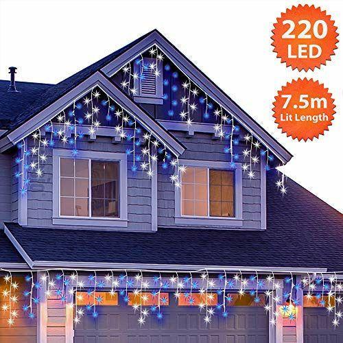 Christmas Lights 320 LED 11m/36ft Outdoor Christmas Lights Icicle Fairy Lights Plug in String Lights Outside Lights with Timer, Memory for Home/Christmas Decorations Blue & Cool White - White Cable 1