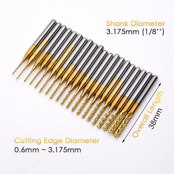 Acelane 20Pcs CNC Router Bits, Coat End Milling Cutter Engraving Bits Drill Bit Set, for Woodworking Carving Cutting, for PCB Plastic Acrylic Carbon Fiber Hard Wood, 1/8" Shank, 0.6-3.175mm 1
