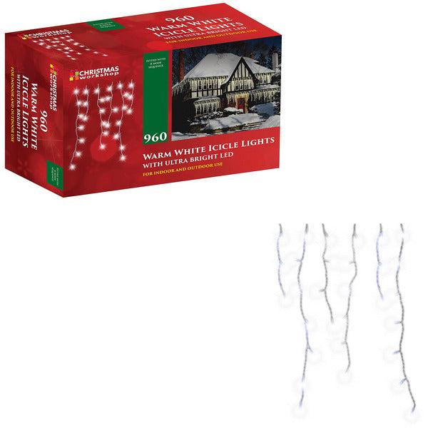 The Christmas Workshop Warm White Icicle LED Christmas Lights/Mains Powered with 8 Functions/Indoor or Outdoor Fairy Lights for Home, Weddings and Gardens (960)