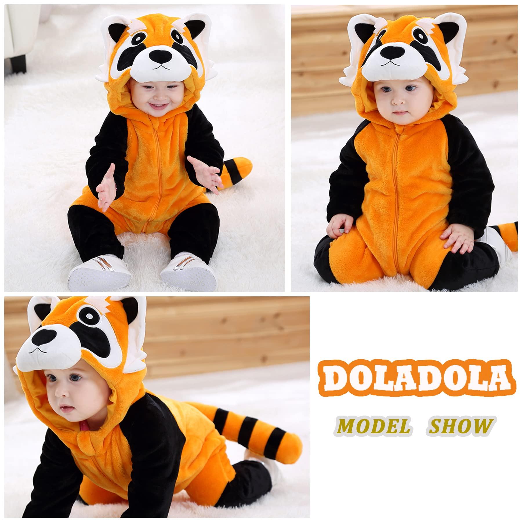 Doladola Unisex Kid's&Toddler's Costume Outfit Baby Boys Girls Flannel Animal Hooded Rompers Jumpsuit (3-6 Months, Raccoon) 4