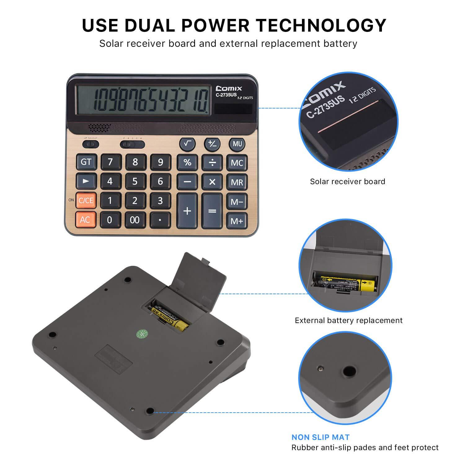 Calculator 12 Digits LCD Display Standard Function Desk Calculators with Large Computer Keys Dual Powered Solar Office Calculator Champaign Gold Color Panel for Handheld for Daily and Office (Golden) 3