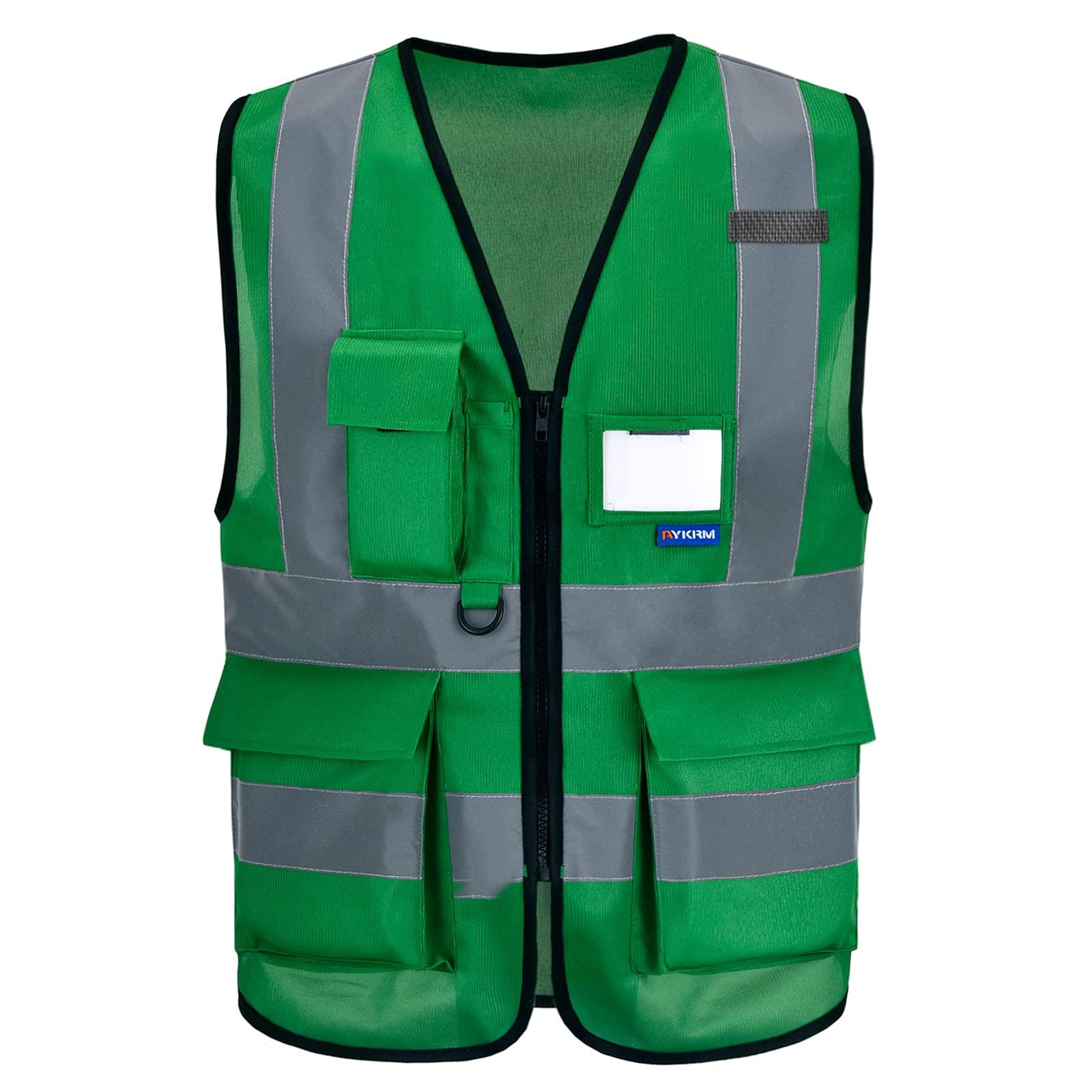 AYKRM Dark green high viz Class 2 hi vis Zipper Front High Visibility vest Hi Vis Executive Vest Waistcoat with Phone & ID Pockets 0