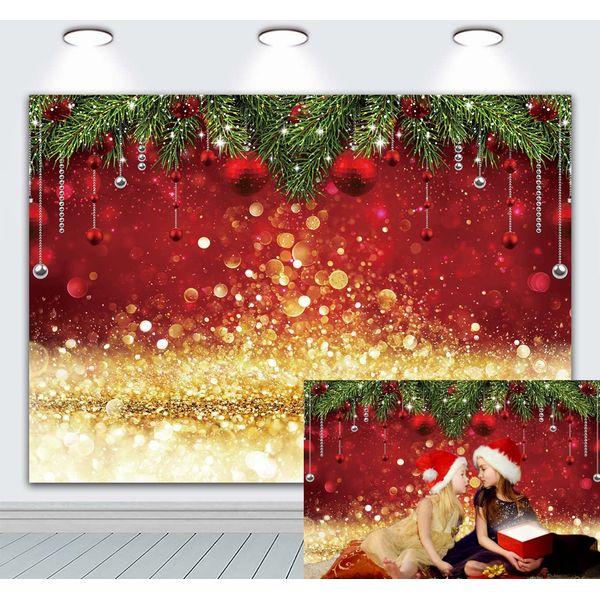 INRUI Winter Christmas Photography Backdrop Sparkle Red Merry Xmas Family Party Background (8x6FT) 0
