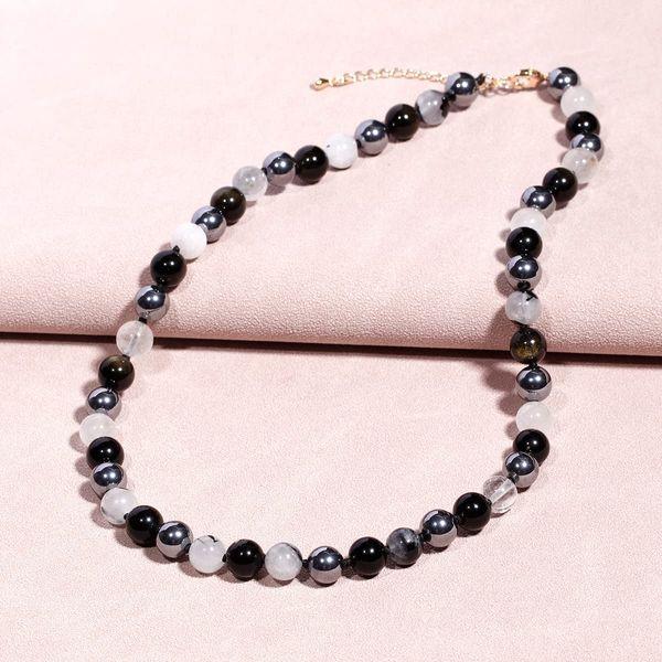 Jewboo Natural Gemstone Chokers Necklaces for Women Men Crystal Beaded Necklaces Crystals and Healing Stones Triple Protection (Black Obsidian/Terahertz/Black Rutilated Quartz) 3