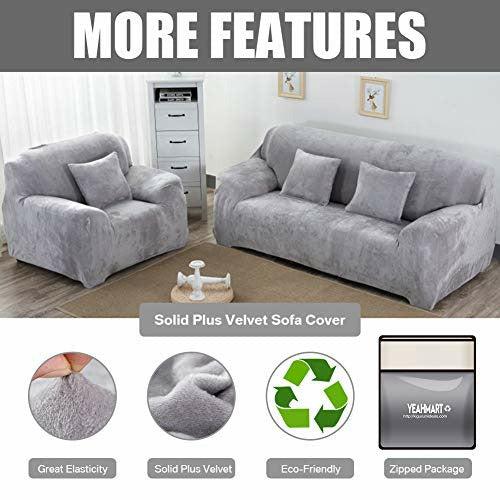 Yeahmart Thick Sofa Covers 1/2/3/4 Seater Pure Color Sofa Protector Velvet Easy Fit Elastic Fabric Stretch Couch Slipcover (Silver Grey, 3 Seater 195-230cm) 1
