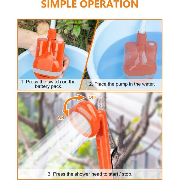 ANNGROWY Portable Camping Shower, Rechargeable Outdoor Shower with Storage Bag, 2m hose, Electric Handheld Shower by Battery for Camping, Car, Pet, Beach, Garden, Orange 1