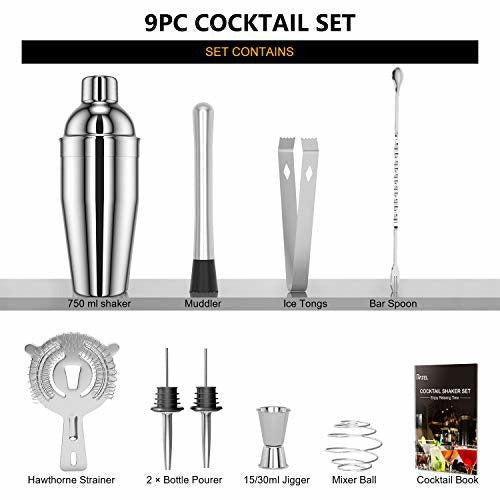 RATEL Cocktail Making Set, 9 Pcs Stainless Steel Cocktail shakers Set Professional Bar Accessory Tool Party Essential Cocktail Mixing Kit Including 750ml Cocktail Shakers, Strainer, Cocktail Book etc. 4
