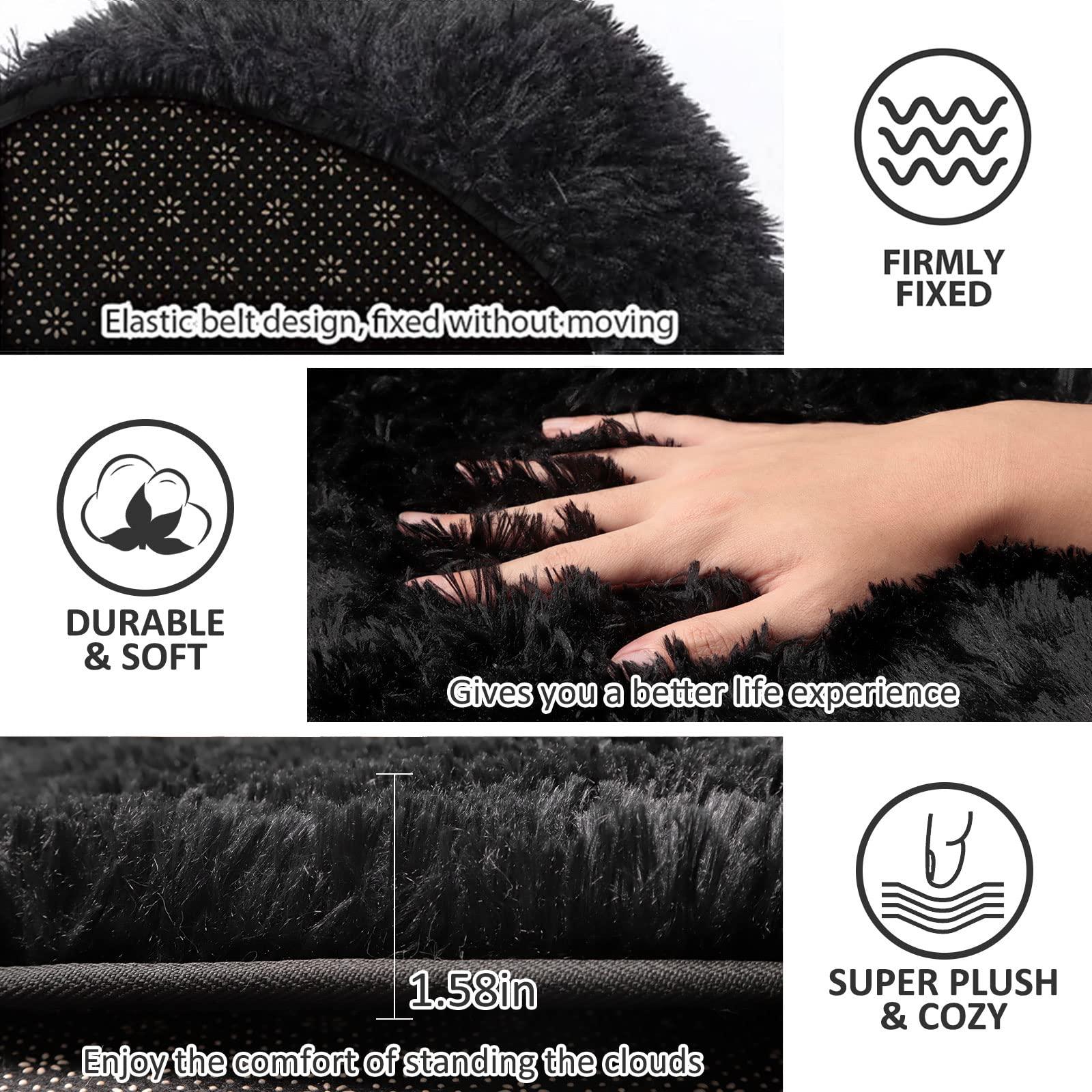 McEu Bathroom Mats Sets 3 Piece, Non Slip Washable Faux Fur Large Bath Mats and U Shaped Toilet Mat Set with Toilet Lid Cover, Soft Microfiber Long Pile Water Absorbent Bath Rugs for Bathroom Black 3