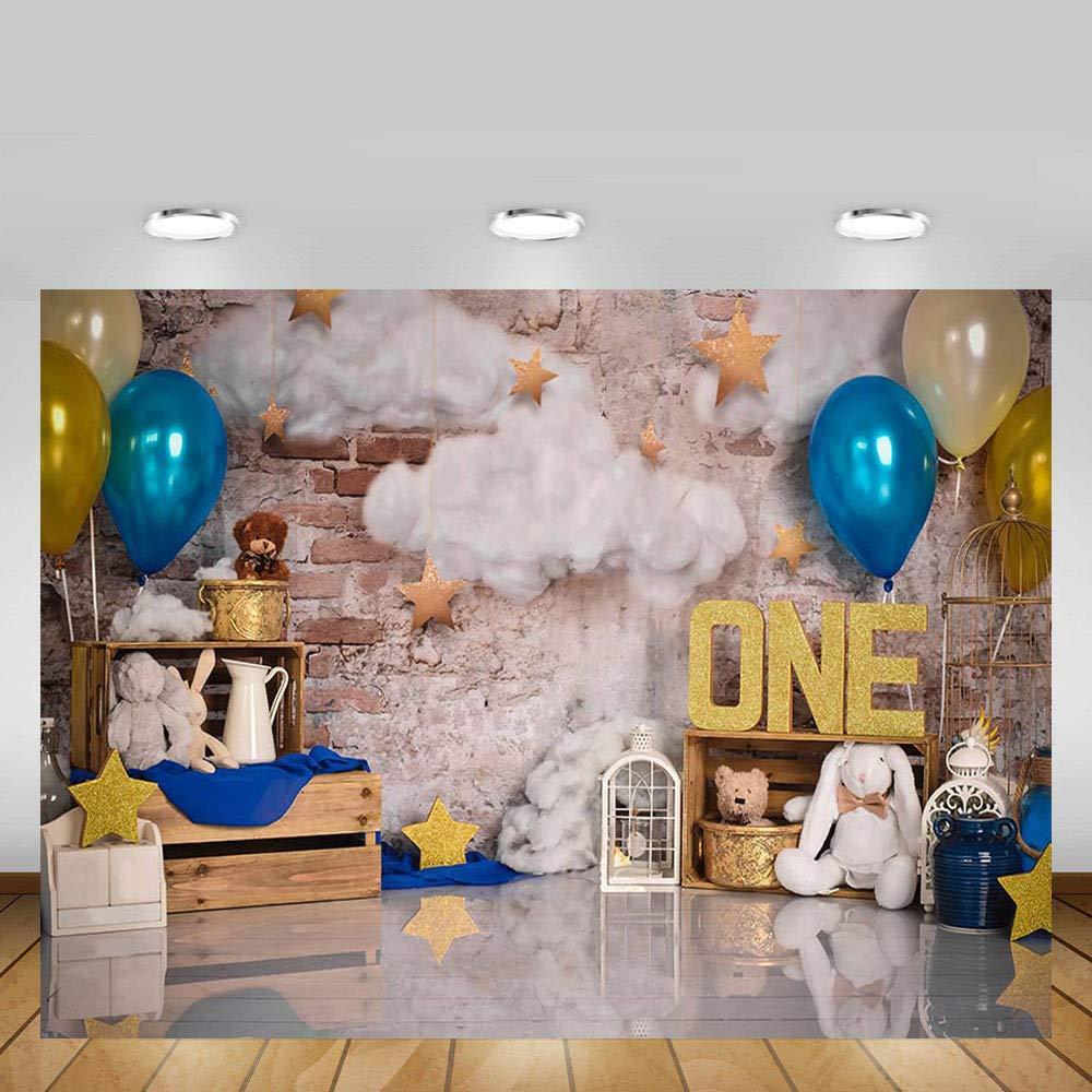 MEHOFOND 7x5ft Blue and Gold Boy One Birthday Photo Studio Portrait Backdrop Props Balloons Cloud Stars Retro Wall Happy 1st Birthday Party Decorations Photography Background Banner 1