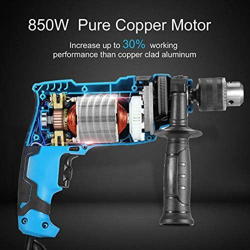 850W Hammer Drill, Tilswall Impact Drill 3000RPM Hand Electric Cored Percussion Drill with Drill Bits Set, Variable-Speed Trigger, 360Â° Rotating Handle for Brick, Wood, Steel, Concrete, Masonry 1