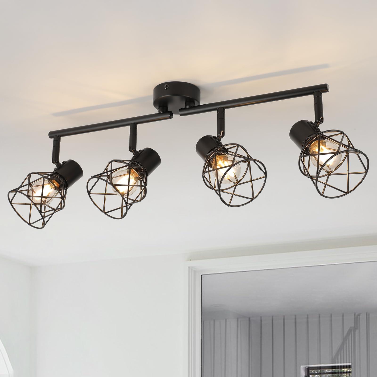 FORCOSO Ceiling Lights Spotlight - 4 Way Spot Lights 350°Adjustable, E14 Base Black Light Shade Metal Wire Cage Light Fittings, Industrial Wall Ceiling Lamp for Kitchen Living Room Hallway Bathroom