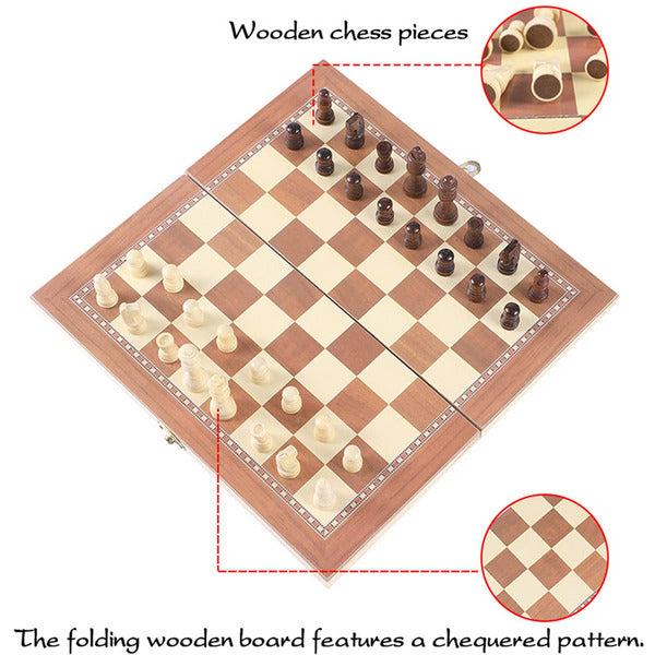Homemari Wooden Chess Set, 3 in 1 Travel Chess Set and Draughts Board Game, Large Size Chess Checkers Game Set for Children, Adults 1